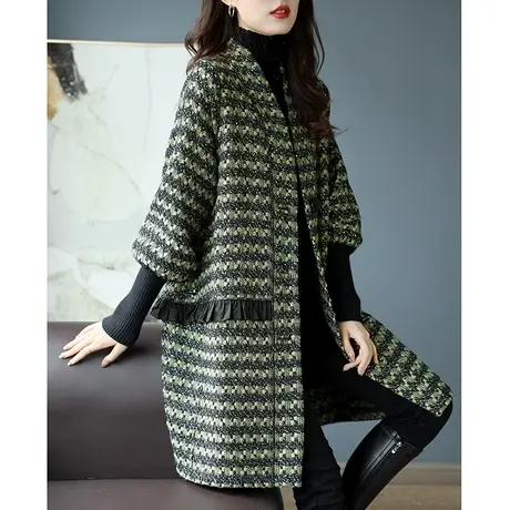 宝诗黎V领条纹亮丝宽松外套2023针织拼接中长款夹棉新款时尚秋装商品大图