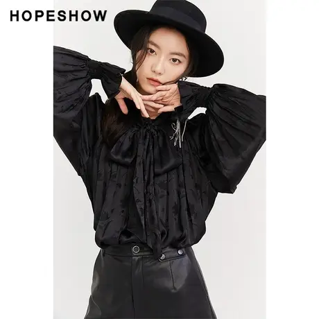 红袖outlets设计感印花飘带领衬衫hopeshow2023秋纯色宽松小上衣商品大图