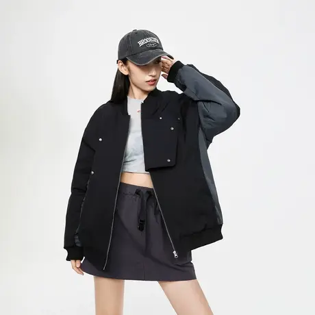 复古黑色立领拼接棉服女冬季夹棉棒球服外套2023新款美式宽松棉衣商品大图