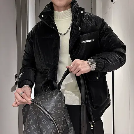 高级感立领棉服外套男冬季新款潮流痞帅个性网格亮面加厚冬装棉袄图片