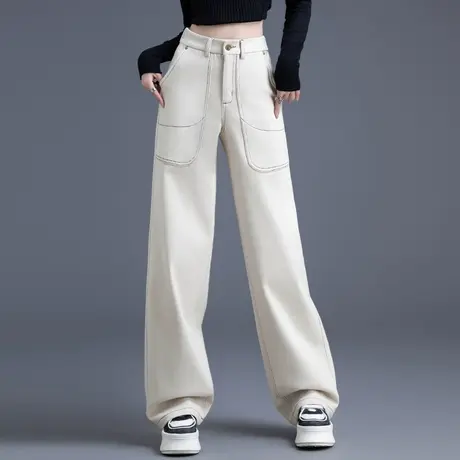 加厚加绒裤子女冬季保暖2023新款爆款米白色休闲裤直筒宽松阔腿裤商品大图