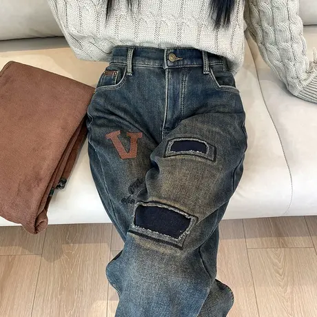 蓝灰色牛仔裤子女大码2023冬季新款加绒加厚高腰宽松老爹哈伦裤子商品大图