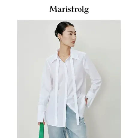 【透气亲肤系列】玛丝菲尔冬季白色宽松垂坠飘带领衬衫女图片