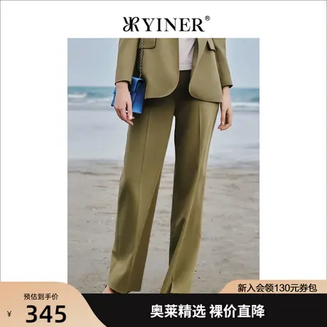 音儿美地女装2022秋季新款高腰垂感阔腿裤绿色职业西裤图片