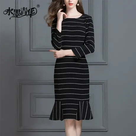 【1件7.9折】冬装新品时尚圆领修身显瘦条纹印花鱼尾摆连衣裙图片