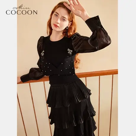 MISSCOCOON法式泡泡袖针织衫女2023新款秋显瘦蝴蝶结设计黑色上衣商品大图