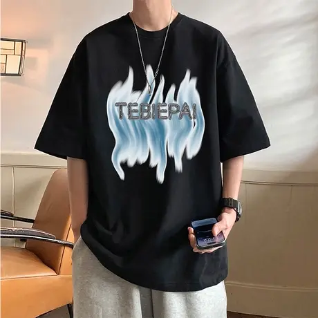 模糊水波纹印花短袖T恤男夏季纯棉美式复古高街休闲情侣半截袖ins商品大图