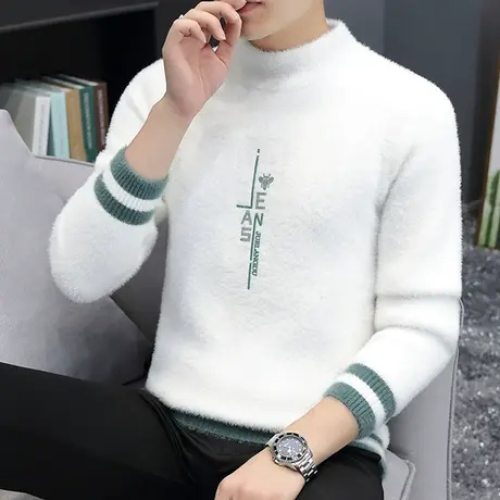 水貂绒毛衣男休闲新款秋冬加绒加厚保暖内搭打底衫青少年上衣潮流商品大图