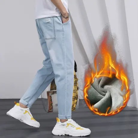 男士加绒裤子男裤秋冬季休闲牛仔长裤保暖直筒宽松加厚外穿青少年商品大图