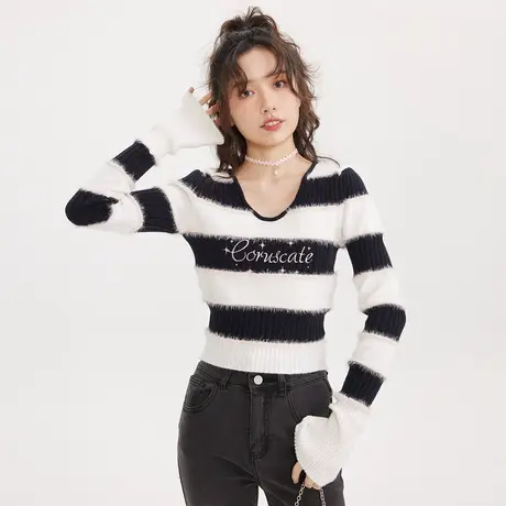 尔给2023早春新款短款上衣设计感小众薄款v领条纹打底针织衫女商品大图