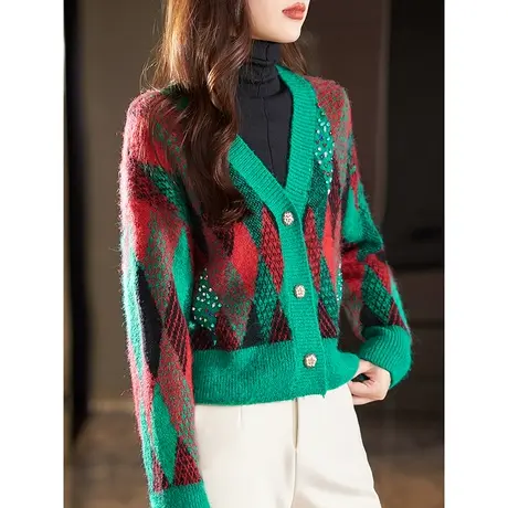 宝诗黎V领针织2023秋季新款钉珠格子毛衣时尚宽松羊毛开衫短外套商品大图