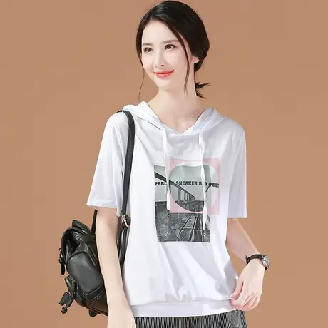 连帽印花白色女士t恤设计感小众2023夏装新款宽松短袖体恤衫薄款商品大图