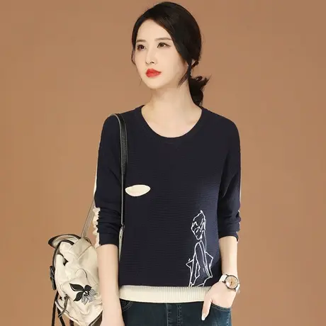 韩潮袭人长袖圆领拼接提花针织衫上衣女2024春季新款休闲套头毛衣图片