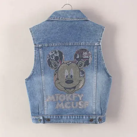 牛仔马甲女短款背心宽松春秋新款大码无袖外套显瘦外搭米奇烫钻潮商品大图