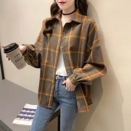 2023年新款格纹拼色磨毛衬衫女加厚上衣潮流百搭宽松衬衣外套秋冬图片
