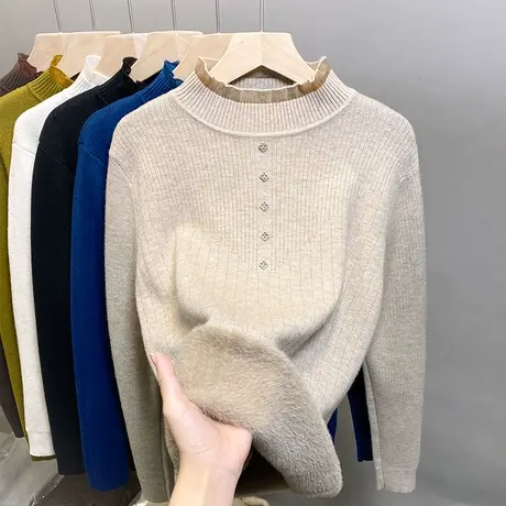 加绒半高领毛衣女一体绒加厚打底衫2023秋冬新款蕾丝内搭针织上衣商品大图