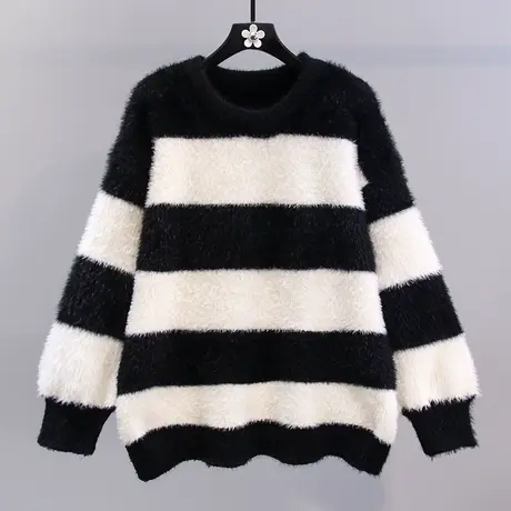 黑白条纹水貂绒毛衣女秋冬2023新款宽松慵懒风洋气软糯针织衫上衣商品大图