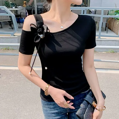 时尚露肩T恤女短袖夏季欧货性感漏锁骨小衫设计感洋气紧身上衣ins商品大图