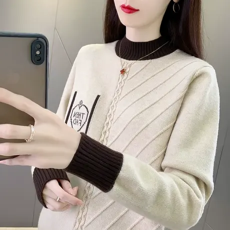 拼色半高领毛衣女秋冬2023新款冬季设计感内搭针织打底衫加厚上衣商品大图