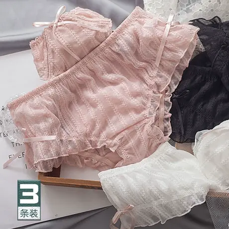 日系泡泡蕾丝网纱内裤女条纹半透明蝴蝶结甜美少女包臀性感中腰薄图片
