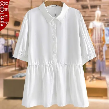中年胖妈妈夏装短袖白色衬衫洋气套头小衫加肥加大码女装宽松衬衫商品大图