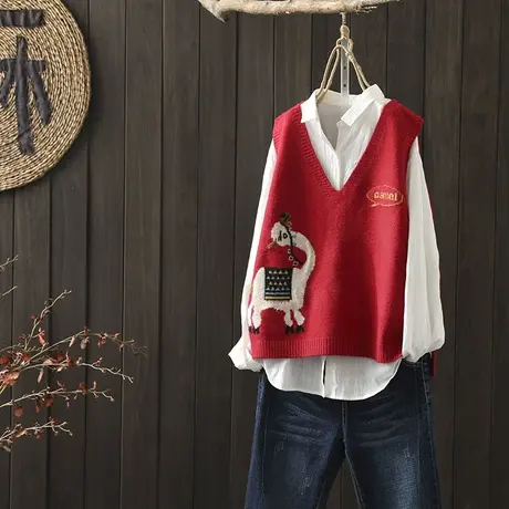 枫谜秋装新款文艺简约卡通绣花针织马夹女宽松休闲针织坎肩毛衣图片