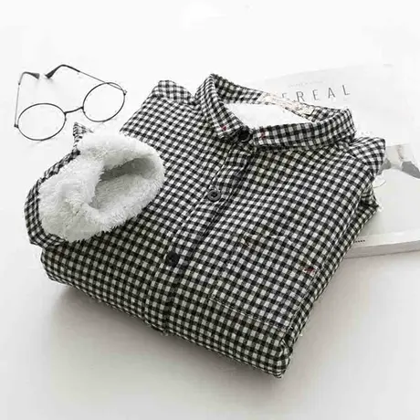 韩版黑白小格子加绒加厚衬衫女长袖保暖学生文艺百搭简约打底衬衣商品大图