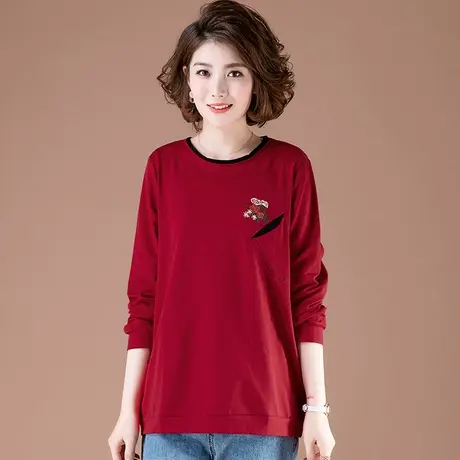 长袖t恤女秋季加肥加大码女装宽松体恤刺绣中年妈妈装纯棉打底衫商品大图