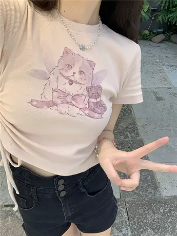 猫咪甜辣妹短袖T恤女夏季设计感小众纯欲风性感紧身正肩短款上衣商品大图