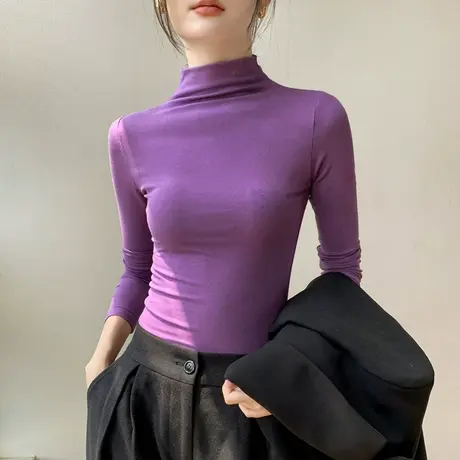 半高领长袖T恤女2023秋新款弹力修身纯色简约正肩西装内搭打底衫图片