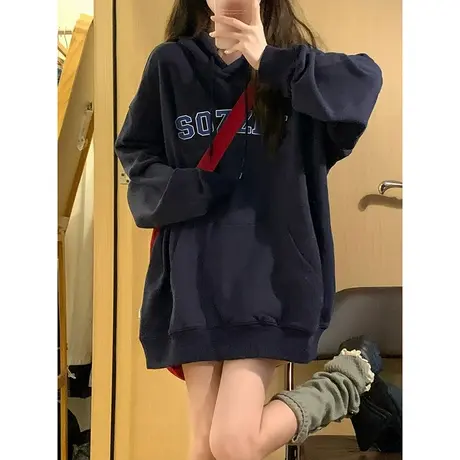 美式复古藏青色连帽卫衣女秋冬季oversize开衫拉链外套加绒情侣装图片