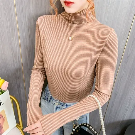 ins上衣2023流行时尚显瘦男友风体恤条纹高领长袖t恤女韩版情侣装图片