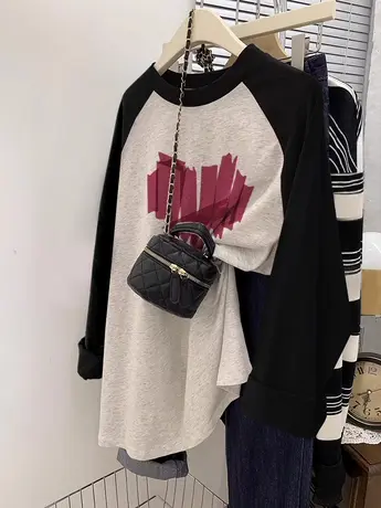 春秋正肩女t恤oversize大码胖mm遮肚显瘦插肩上衣ins潮慵懒风长袖商品大图