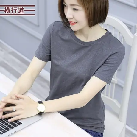 竹节棉灰色短袖女t恤圆领上衣2025夏季大码简约薄款中年妈妈半袖商品大图