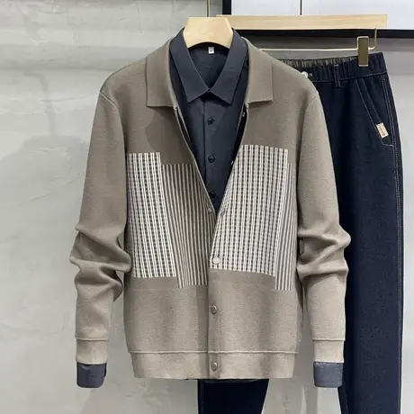 2023春秋季新款男士针织开衫翻领毛衣男外套外穿帅气潮流条纹上衣商品大图
