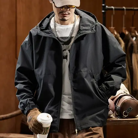 时尚复古潮流连帽外套舒适百搭工装外套男宽松户外大码防风外套图片