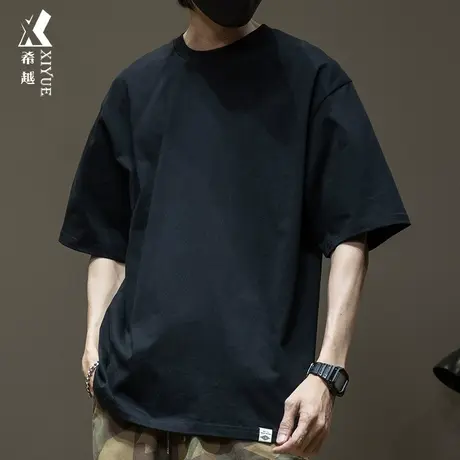 重磅短袖T恤男黑色夏季纯色男装上衣男士潮牌宽松大码五分袖男款商品大图