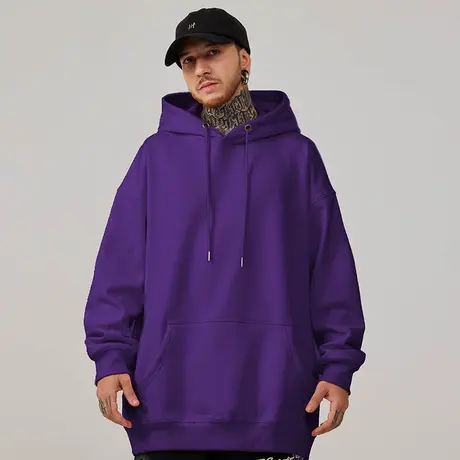 紫色纯色大码卫衣男连帽衫加肥加大宽松女简约加绒打底情侣装秋冬商品大图