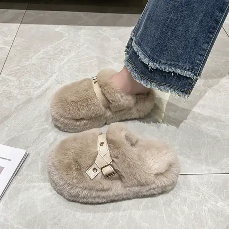 爆款厚底包头半拖鞋女外穿秋季新款小个子高跟增高家居网红毛毛鞋商品大图