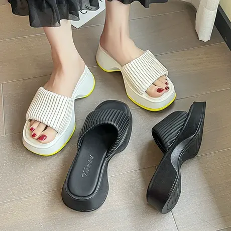 褶皱拖鞋女夏季外穿网红一字超火2024新款高级感防滑增高厚底凉拖图片