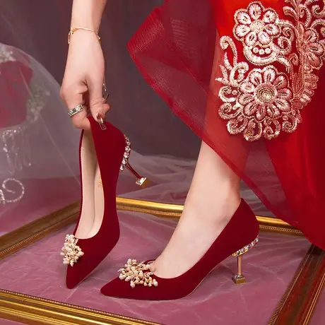 红色单鞋女夏2024年春秋新款结婚鞋新娘鞋中式秀禾服主婚纱高跟鞋图片