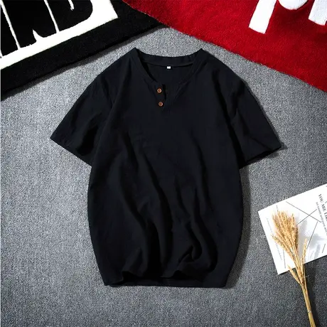 2021新款夏季亚麻t恤男士v领短袖潮流胖子大码上衣服棉麻半袖体恤商品大图
