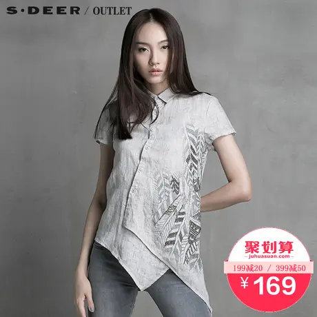 【聚】sdeer圣迪奥叶脉珠饰印花斜襟不规则斜片摆衬衫S15280418图片