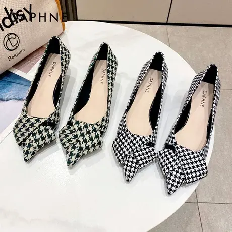 达芙妮小香风低跟单鞋女鞋子2022年夏季新款千鸟格尖头气质高跟鞋图片
