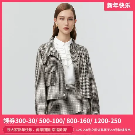伊芙丽2021新款千鸟格宽松韩版小个子短外套女休闲显瘦1AB110191商品大图