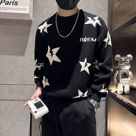 针织毛衣男秋冬2023新款ins小众星星提花设计感时尚保暖内搭线衣商品大图