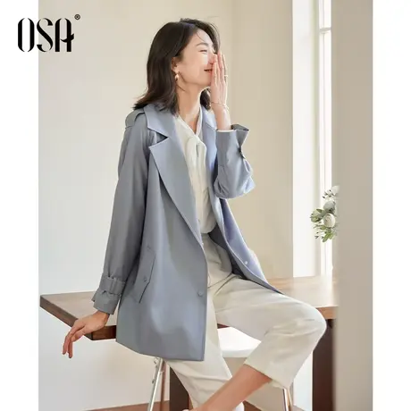 OSA欧莎英伦风蓝色中长款休闲风衣外套春装女士2023年新款小个子商品大图