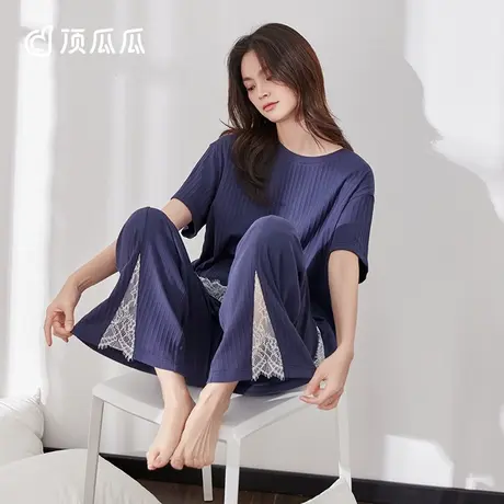 顶呱呱 可外穿蕾丝花边垂感睡衣女夏季 藏青薄款短袖长裤家居服商品大图