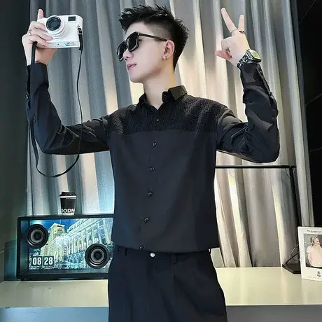 INS网红小众拼接衬衫长袖设计感痞帅个性休闲衬衣春秋季修身上衣商品大图