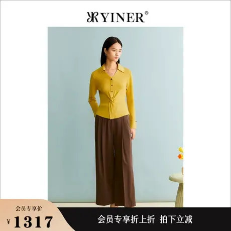 YINER音儿女装秋季女装法式艺术收褶海鸥领纯羊毛针织衫套头商品大图